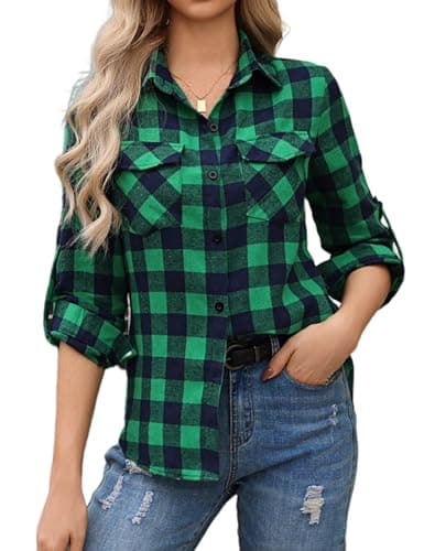 Image of Aottori Green Plaid Shirts for Women UK Ladies Long Sleeve Blouses Shirt Cotton Flannel Checked Shacket Elegant Tunic Tops with Pockets Green M