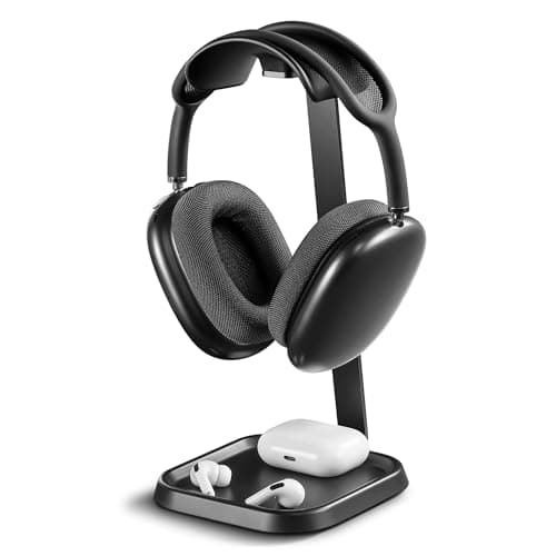 Image of QinCoon Headphone Stand, Curved Headset Stand with Storage Tray, Gaming Headset Holder for AirPods Max, AirPods Max 2, AirPods, AirPods Pro, Beats, Bose, Sony and More (Black)