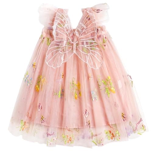 Image of ABOHU Baby Girl Tulle Dress Toddler Baby Girl Summer Butterfly Wings Dress Infant Tulle Flower Dresses Embroidery Floral Sleeveless Wedding Party Birthday Princess Clothes for Girls 1-5 Years Pink