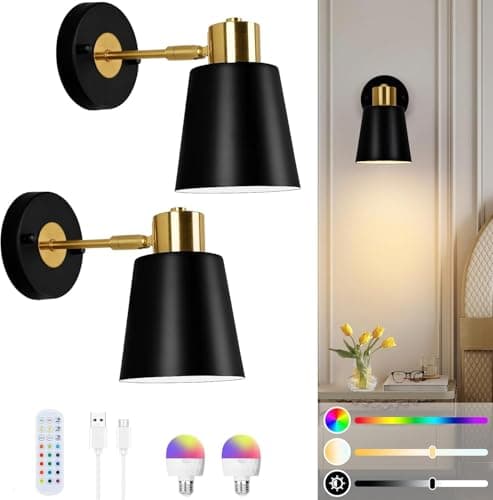 Image of Lampop Battery Operated Wall Lights Indoor Rechargeable Wall Lights, Wireless Wall Sconces Set of 2, with Detachable Bulbs and Remote, Black Wall Light for Bedroom Living Room