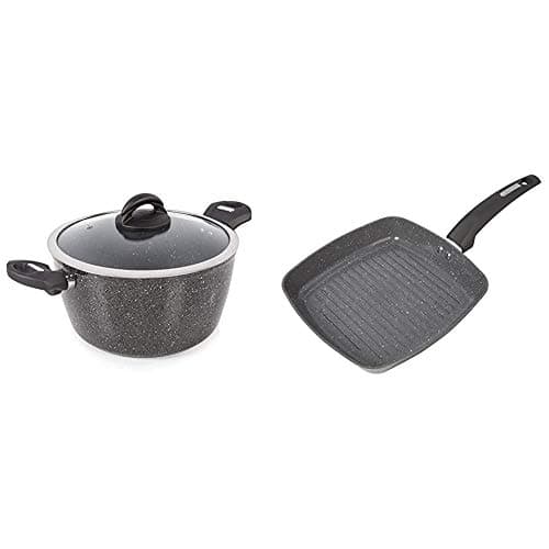 Image of Tower Cerastone Induction Casserole Dish with Glass Lid, Non Stick Ceramic Coating, Graphite, 24 cm & Cerastone Induction Grill Pan, Non Stick Ceramic Coating, Easy to Clean, Graphite, 25 cm