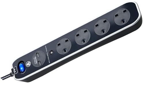 Image of Masterplug Four Socket Switched Inline Power Surge Protected Extension Lead with Two USB Charging Ports, 2 Metres, Gloss Black