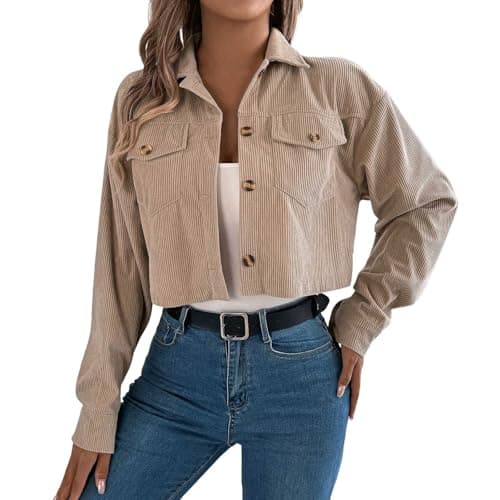 Image of Generisch 2025 Cropped Shacket Button Down Cord Shacket Jackets Casual Plaid Long Sleeve Crop Jackets Tops Wool Jacket Winter Women, khaki, M