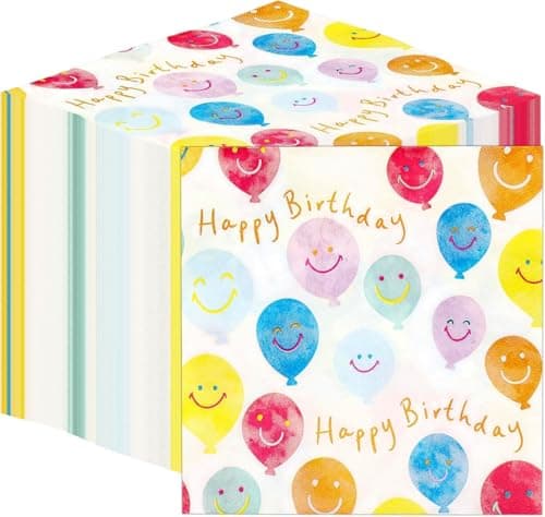 Image of Table Kind 100 x Bulk Pack Happy Birthday Paper Napkins Quality Smiley Face Balloon Serviettes for Parties Catering Eco-Friendly Disposable Home Compostable Sustainable Recyclable Made in EU 2ply 33cm