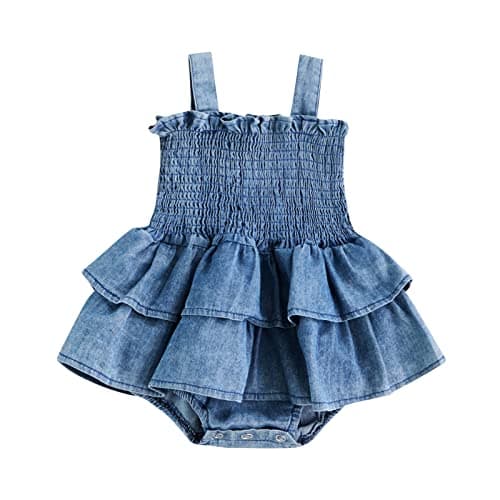 Image of WWAYBEI Baby Girl Denim Outfit Summer Romper Dress 0 3 6 9 12 18 Months Infant Clothes Ruffle Sleeveless One Piece Romper Jumpsuits (Blue, 0-3 Months)