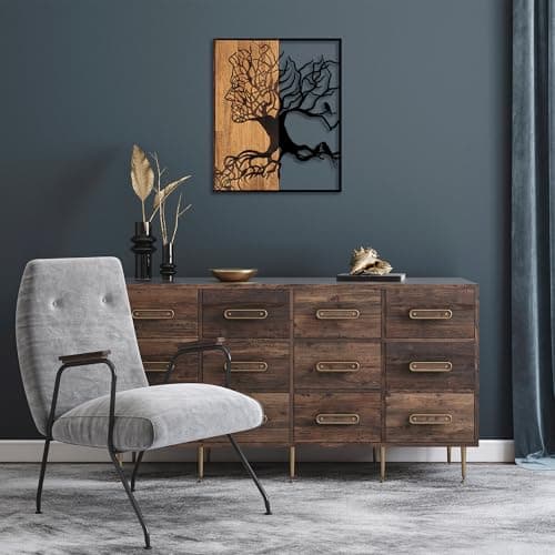 Image of Decorative Wooden Wall Accessory, Black & Walnut, 49 x 3 x 58 cm, 50% Wood (3 cm) & 50% Metal (1.5 mm), Unique Design for Stylish Home Decor