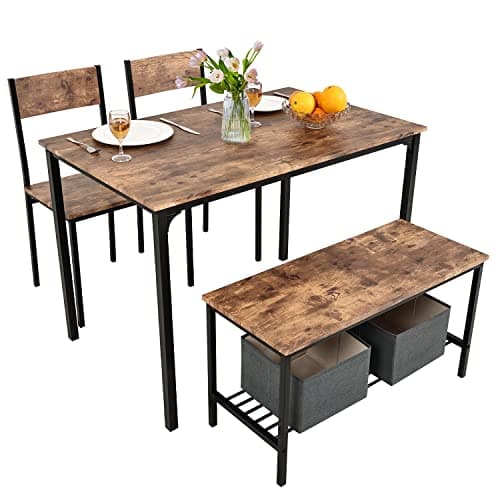 Image of PULUOMIS Dining Table and 2 Chairs with Bench, Dining Table and Chairs Set 4 Piece Dining Room Set, Chair and Bench Set for Restaurant Kitchen Home Bistro Garden, Brown