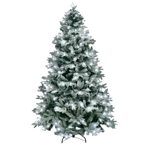 Image of 8ft/2.4m Pre-Lit Artificial Christmas Tree Lapland Fir - 400 LED Cool White Lights, Snow Flocked 1653 PE/PVC Tips, Snowy Bushy Hinged Branches, Metal Stand for Xmas Home Decorations
