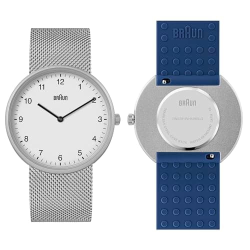 Image of Braun 2-Hand Analogue Quartz Watch, White Dial and Stainless Steel Mesh Strap with Additional Blue Silicone Rubber Strap, Quick-Release Spring Bars, 38mm, Model BN0281WMHMBLG