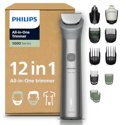 Image of Philips Multigroom 5000 Series All-in-One 12-Piece Trimmer - Shaver and Clipper for Beard, Nose, Hair, and Body, Self-Sharpening Full Metal Blades, 20 Length Settings (0.5-20 mm), Model MG5952/30