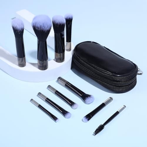 Image of AOZUO Travel Makeup Brush Set, Portable Mini Cosmetic Brushes with Case Full Complete Function Makeup Brushes Kit with Pouch Foundation Eyebrow Blending Concealer Blush Eyeshadow Contour Pow(Black)