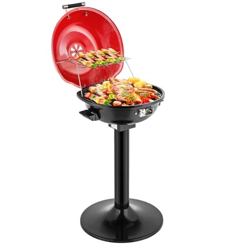 Image of Bonnlo BBQ Electric Grill, 1600W George Foreman BBQ Grill with Removable Non-Stick Grilling Rack,Adjustable Temperature & Oil Drip Tray, Indoor Outdoor BBQ Grill Freestanding for 15-Serving(Red)