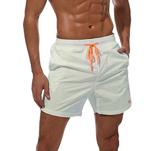 Image of JustSun Mens Swimming Shorts with Pockets Waterproof Swimming Trunks Swim Shorts Men Quick Dry Summer Board Beach Surf Shorts with Mesh Lining White XXL
