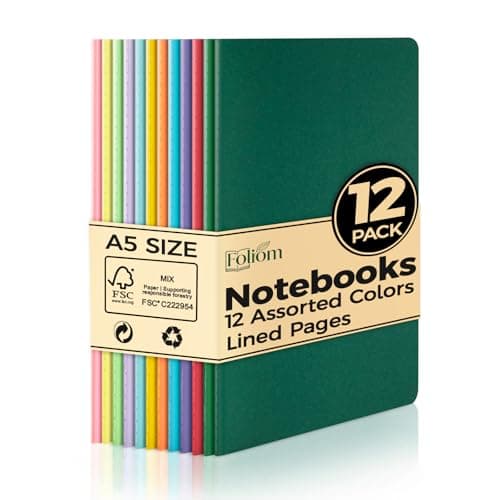 Image of Foliom 12 Pack A5 Lined Colorful Kraft Notebooks, 60 Pages, 230g Thick Cover, 8.3x5.5 Inches Softcover Journal Bulk for School, Office & Travel, 12 Colors