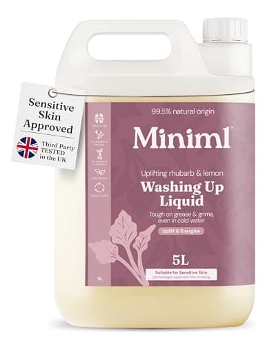 Image of Miniml Eco Washing Up Liquid 5L Refill - Wild Rhubarb & Lemon Scented Non Bio & Skin Sensitive Friendly Dish Wash Cleaner Plant Based Vegan & Cruelty Free - Natural Cleaning Products (500 Washes)