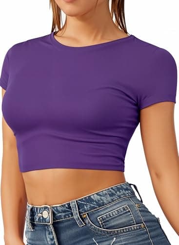 Image of Re Tech UK - Women's Basic Ladies Short Sleeve Stretchy Crop Tops for Women, Slim Fit Crew Neck, Cropped T Shirt, Summer, Cute, Tshirt, Sizes 8-14 (S/M 8-10, Purple)