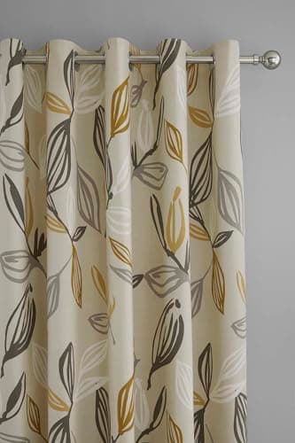 Image of Fusion Ensley Grey & Ochre Leaf Curtains - 2 Panels, 66"x54" (168x137cm) - 100% Cotton, Yellow Eyelet - Thermal and lined for Bedroom/Living room