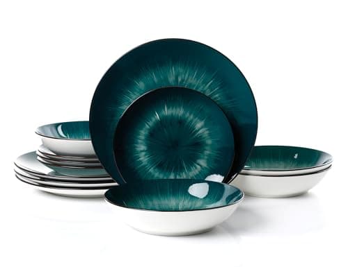 Image of Waterside 12pc Emerald Green Star Porcelain Dinnerware Set, 4 Dinner Plates, Side Plates and Bowls