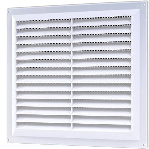 Image of Merriway BH01159 9 x 9 inch Fixed Louvre Air Grille with Flyscreen (Overall Vent Size: 257 x 235mm), White Plastic 229 x 229 mm Slotted Fly Screen