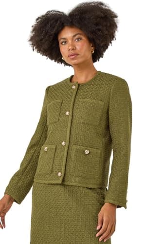 Image of Roman Originals Collarless Boucle Button Jacket for Women UK - Ladies Everyday Autumn Winter Round Neckline Comfy Soft Evening Vacation Work Party Night Out - Olive - Size 12