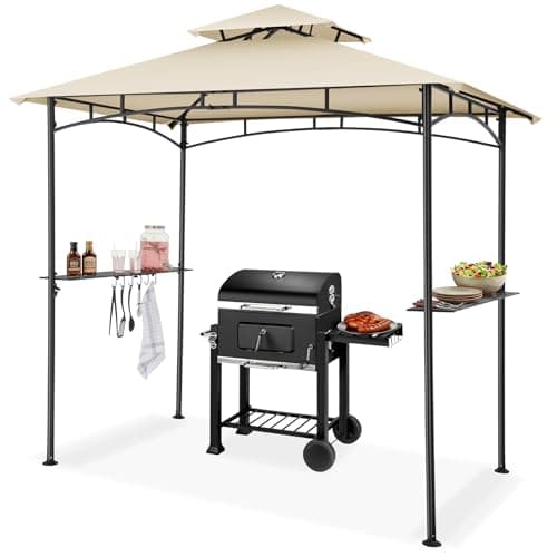 Image of tectake® BBQ Shelter, 2.4x1.5m, Weather-Resistant Steel Frame & UV-Protected Canopy, Double-Tier Garden Gazebo with Side Shelves & Hooks, Quick Setup, Outdoor BBQ Gazebo for Garden, Patio - Sand
