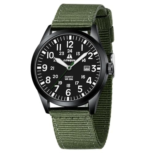Image of LN LENQIN Mens Watches Military Watch Field Watch Analog Quartz Watches for Men Luminous Army Tactical Outdoor Sports Waterproof Men's Wrist Watches with Date and Nylon Strap (Green-Black)