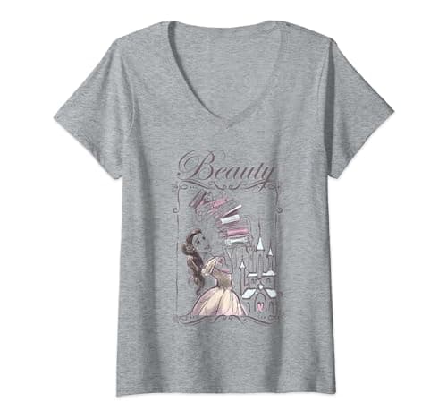 Image of Womens Disney Beauty & The Beast Belle Book Stack V-Neck T-Shirt