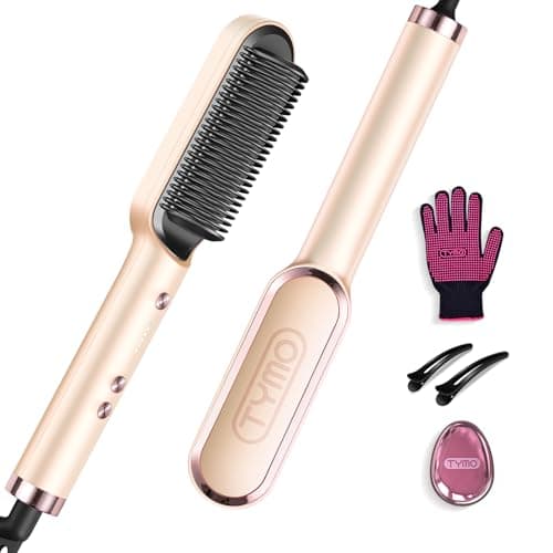 Image of TYMO Hair Straightener Brush UK, Flat Iron and Hair Brush 2-in-1, Anti-Scald, Fast Heating, 5 Temp Settings (130℃-210℃), Professional Salon at Home, Wider Comb for Even Straightening, Peach