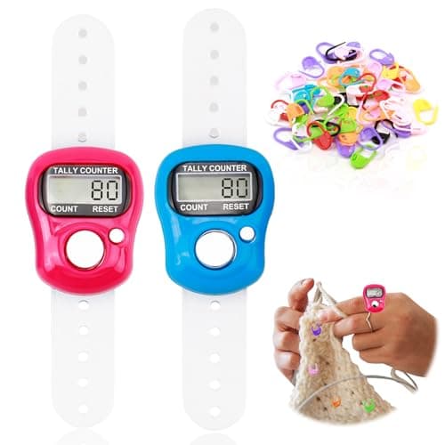 Image of 2 Pieces Finger Counter Mini LCD Electronic Digital Display 50 Knitting Stitch Markers Crochet Closure Clip Colourful Knitting Markers Hand Clicker Counter Sewing Knitting for Sports Knitting Counting