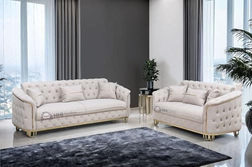 Image of SofaHeaven - Turkish Chesterfield Plush Velvet Fabric 3+2 Seater Sofa - Convert the Back Seats for Extra Space (Cream)
