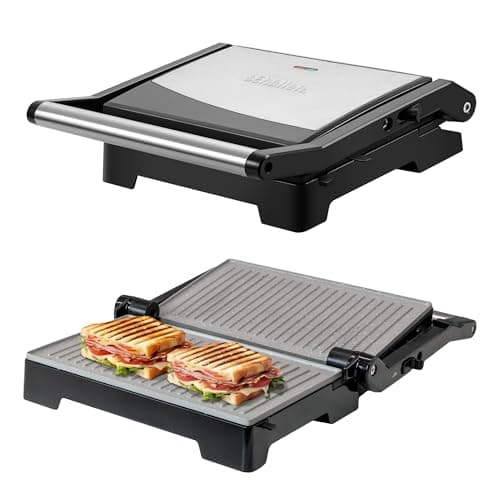Image of Schallen Panini Grill Press, 2 Slice Sandwich Panini Press & Toastie Maker Machine | Stainless Steel Kitchen Appliance with Non Stick Hot Plates, Cool Touch Handle, 1000W, Black & Silver