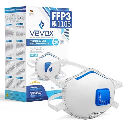 Image of VEVOX® FFP3 Dust Mask - Set of 20 - Valved Face Masks - Respirator - Protection e.g. for Construction, Sanding, Spray Painting, Cleaning, Mould, Fine Dusts or Asbestos Particles