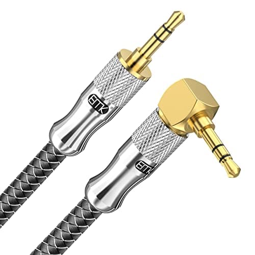 Image of EMK Right Angle Aux Cord, 90 Degree 3.5mm Audio Cable Stereo Male to Male Aux Cable for Laptop, Tablets, MP3 Players,Car/Home Aux Stereo, Speaker or More (3.5mm TRS Right Angle Silver, 0.5M)