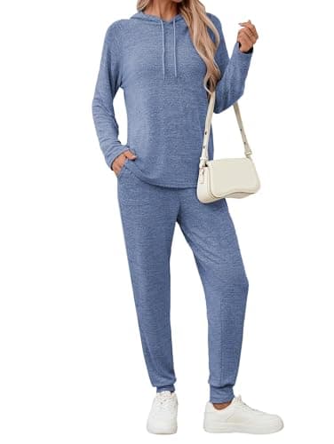 Image of Famulily Womens Long Sleeve Hoodie with Warm Jogger Pants 2 Piece Outfits Tracksuit Set Sweatshirt & Sweatpants Navy M