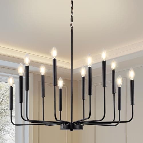 Image of ONESMING Modern Black Chandelier for Dining Room,Metal 12-Light Kitchen Light Fixtures, Farmhouse Candle Hanging Pendant Light for Living Room Entryway Foyer Bedroom (Bulbs Not Included)