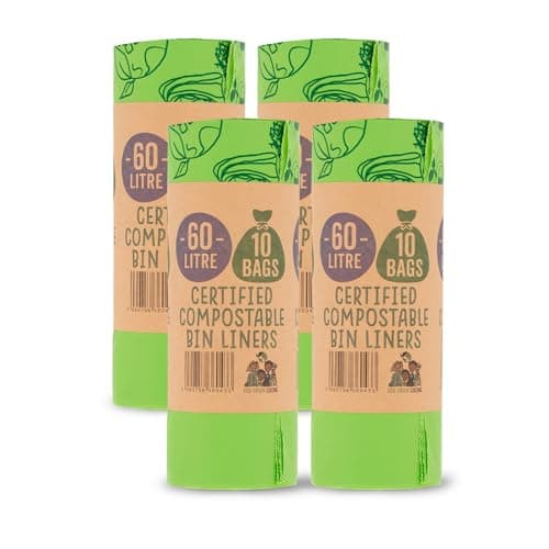 Image of Eco Green Living 100% Compostable Biodegradable Bin Liners 60L Bin Bags for Food Waste, Kitchen Tall Bin Liners, Vegan, Strong, Leakproof, BPA Free, Recyclable, 4 Rolls, 40 Bags