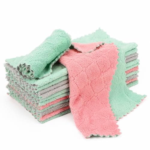 Image of Yooyan Pack of 15 Random Colours Microfibre Cleaning Cloths 25 x 25 cm, Super Absorbent and Soft, Washable Washcloths, Coral Velvet Reusable Dishcloth for Kitchen, Crockery, Extremely Grease