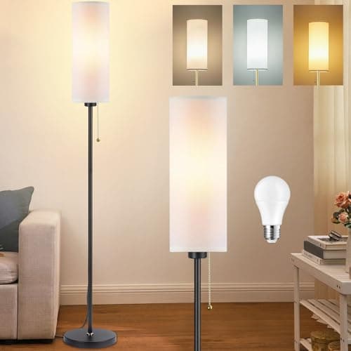 Image of Seruno X Floor Lamp White Standing Lamp with Pull Chain Switch 3 Color Temperatures, 9W Led Bulb Included, Modern Black Pole Standard Corner Lamp with Lampshade for Living Room Bedroom, No Remote