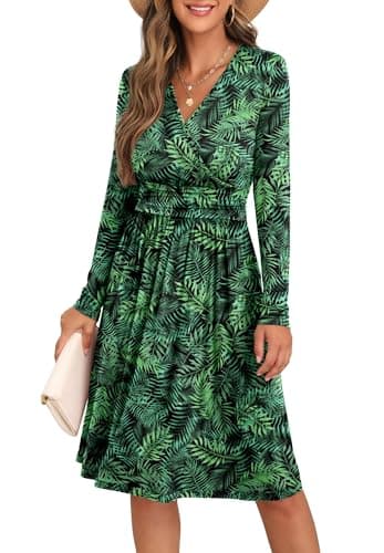 Image of GRECERELLE Womens Autumn Wrap Dress Ladies Casual Long Sleeve V-Neck Midi Dresses for Women (FP Green Leaf, M)