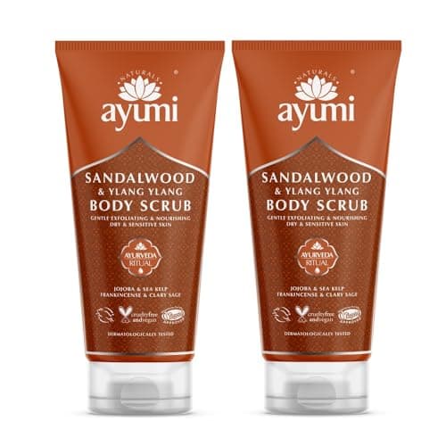 Image of Ayumi Sandalwood Exfoliating Body Scrub to Calm Irritation|Sensitive Skin Scrub with Jojoba Oil |Aromatic Scrub with Ylang Ylang Essential Oil | Body Scrub for Women & Mens Skincare Rituals |2x200 ml