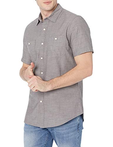 Image of Amazon Essentials Men's Short-Sleeve Chambray Shirt, Dark Grey, Small