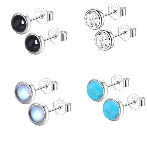 Image of Epoch World 4 Pairs 925 Sterling Silver Stud Earrings for Women Girls Zirconia Moonstone Turquoise Black Onyx Studs Silver Earrings Hypoallergenic Round Small Gemstone Studs Set (Silver)