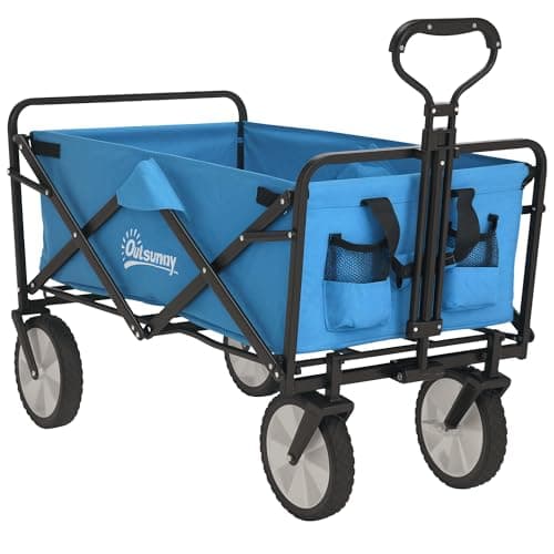 Image of Outsunny 135L Festival Trolley on Wheels, Folding Wagon Camping Trolley Cart with Adjustable Handle, Dual Brakes, Portable Wagon Cart for Outdoor, Garden, Shopping, Fishing, Blue