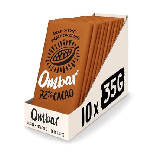 Image of Vegan Chocolate Bar - Ombar 72% Dark Chocolate - Organic Fair Trade Chocolate - Dairy and Gluten Free - Raw Cacao - 35g - Pack of 10