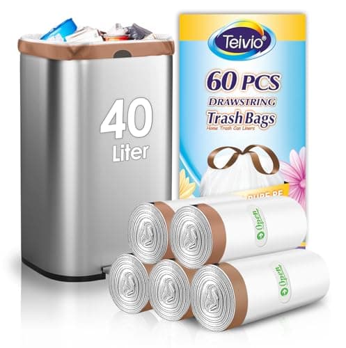 Image of Teivio 40 Liter Bin Liners with Tie Tap, 60 Counts Strong Swing Bin Bags with Drawstring Handle, 10-13 Gallon Waste Bin Bags for Home Office Kitchen Bathroom Bedroom, White Rubbish Bags