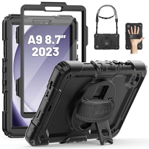 Image of SEYMAC Case for Samsung Galaxy Tab A9 8.7 inch 2023, Shockproof Protective Galaxy A9 Tablet Case With Screen Protector/Hand Strap/Rotating Stand/Shoulder Strap, SM-X110/SM-X115/SM-X117 Case, Black