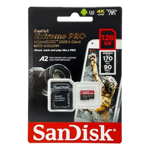 Image of SanDisk Extreme Pro 128GB microSDXC Memory Card + SD Adapter with A2 App Performance + Rescue Pro Deluxe 170MB/s Class 10, UHS-I, U3, V30