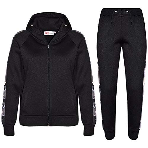 Image of A2Z 4 Kids Girls Boys Tracksuit Plain Zipped Hooded Sweatshirt Top Bottoms Gym Jogging - T.S 102 Black & Camo Charcoal 11-12