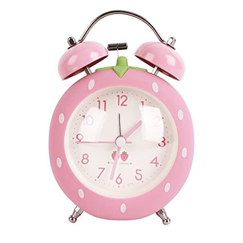 Image of MEGAUK Twin Bell Strawberry Desk Clock Silent Travel Alarm Clock Analogue Display with Nightlight (06513 Pink)