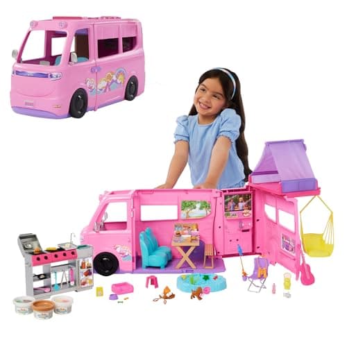Image of Barbie Dream Camper Playset with Roof Tent, Swing Chair, Fishing Pond, BBQ Grill with Color-Change Feature & 60+ Accessories Including Dough, HRJ78
